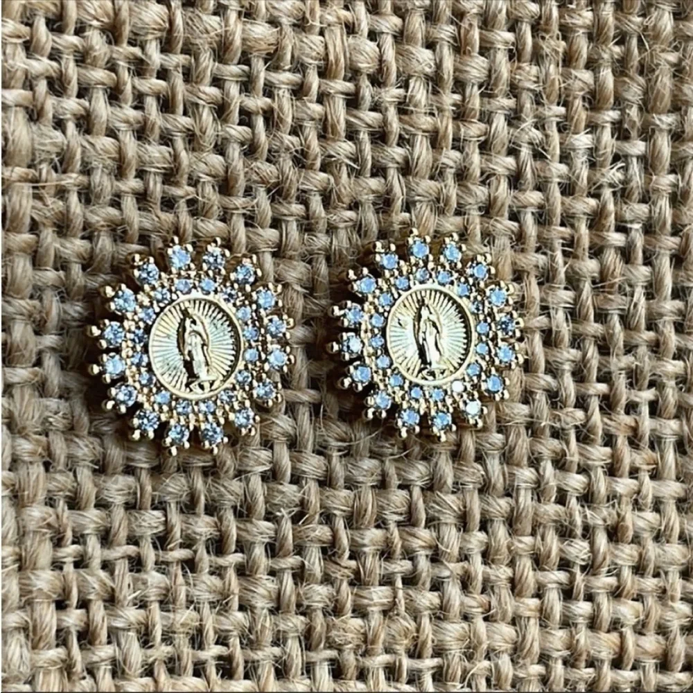 Gold plated virgin Mary CZ Earrings New Gorgeous catholic